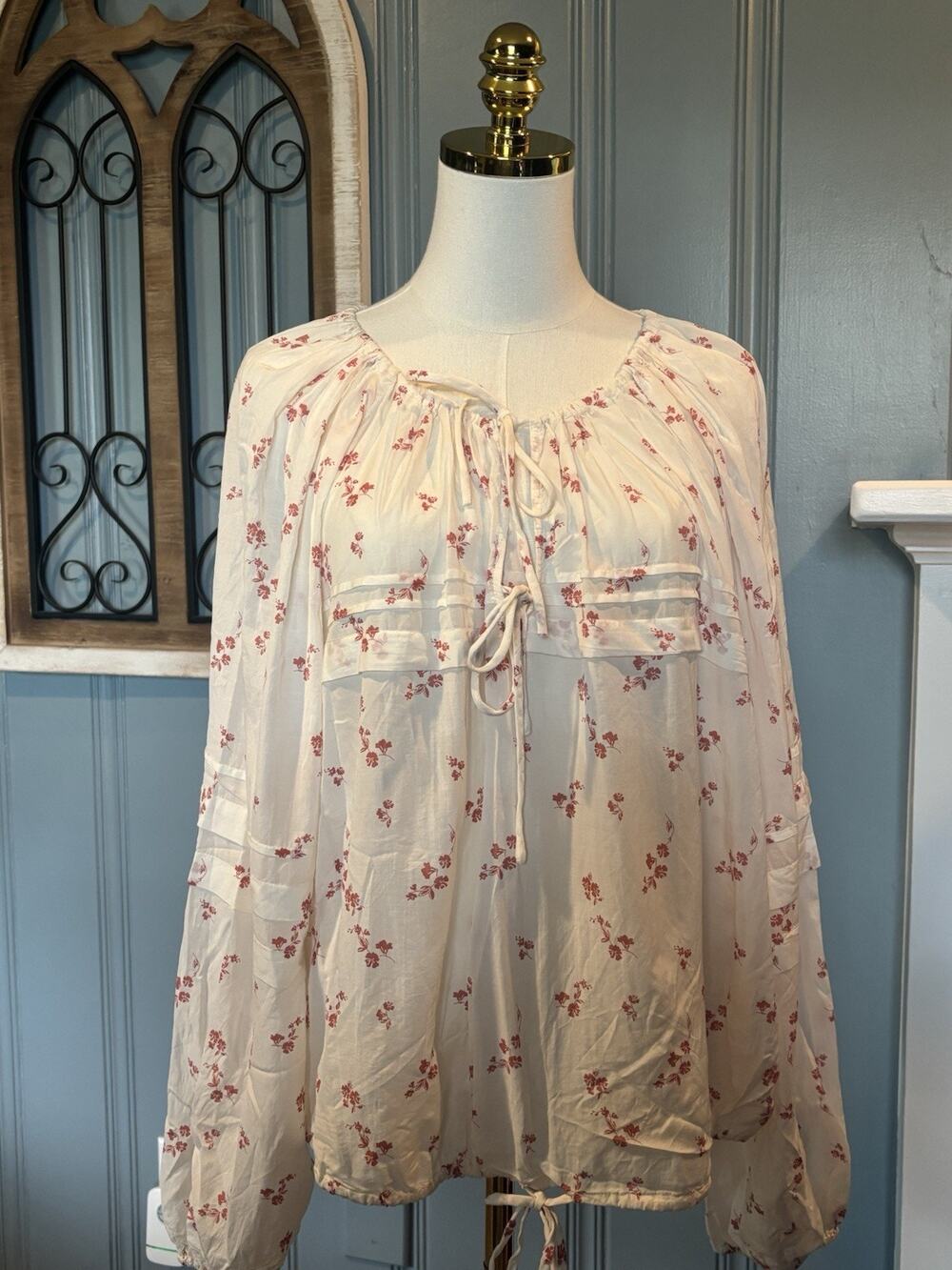 Women's Prairie Boho Sexy Sheer Cream Floral Print Long Sleeve Tie Neck XL Shirt